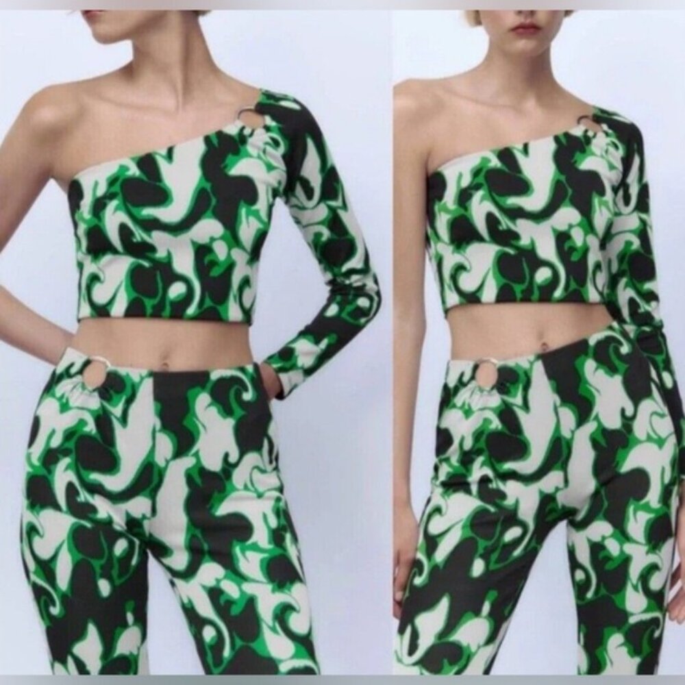Nwt Zara Jacquard Asymmetrical One Shoulder Crop Top Ring Detail 5039/712 Size L
